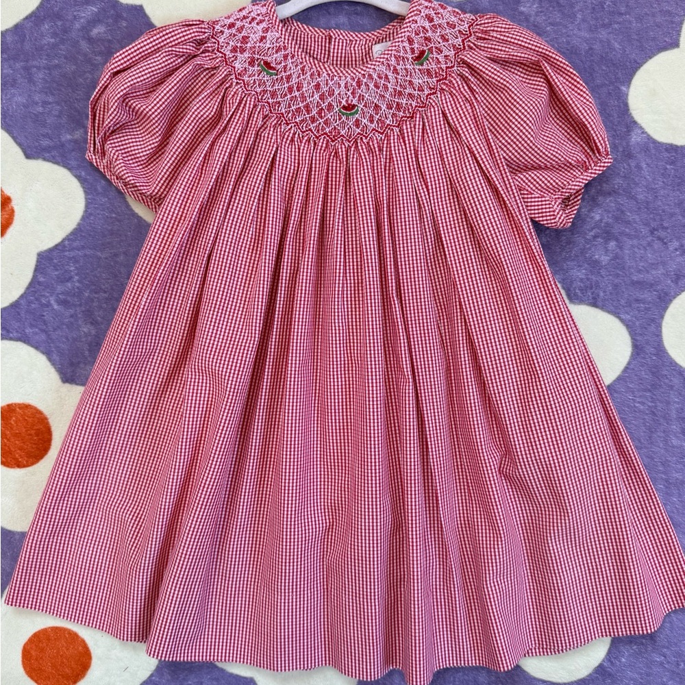 Red Gingham watermelon Smocked Kids Dress